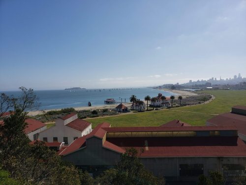 A coastal view featuring a calm sea, distant boats, palm trees, and buildings with red roofs under a clear sky.