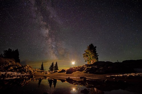 A serene night sky filled with stars and the Milky Way, reflecting in a calm pool of water surrounded by trees and rocks.