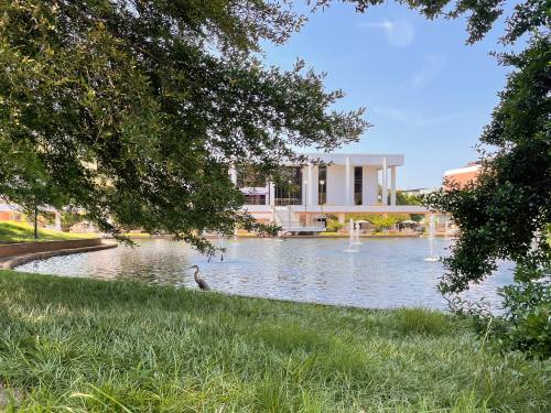 A serene pond surrounded by greenery, with a building in the background and a heron standing by the water's edge.