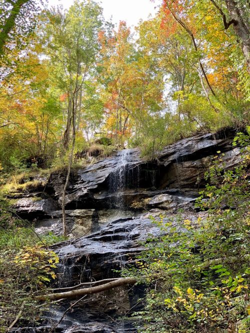 A serene waterfall cascades over rocky terrain, surrounded by vibrant autumn foliage and lush greenery.