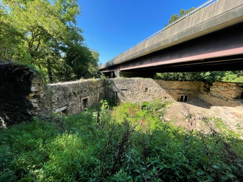 A stone ruin overgrown with vegetation, located beneath a highway bridge surrounded by trees.