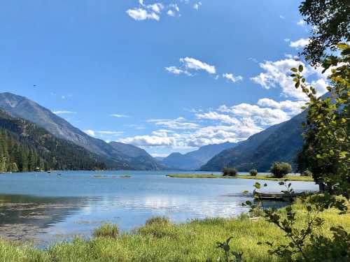 A serene lake surrounded by mountains under a clear blue sky, with lush greenery along the shore.