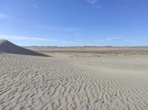 A vast desert landscape with rippled sand dunes under a clear blue sky and distant mountains on the horizon.