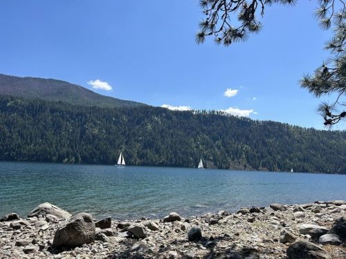 A serene lake scene with sailboats on the water, surrounded by green hills and a clear blue sky.