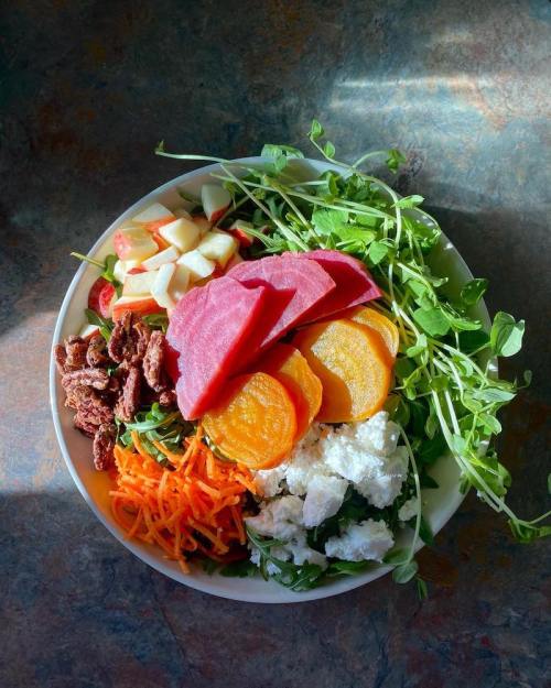 A colorful salad bowl with greens, sliced beets, carrots, apples, nuts, and cheese, illuminated by natural light.