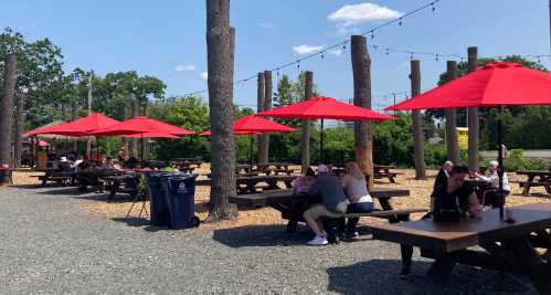 Outdoor dining area with red umbrellas, picnic tables, and people enjoying a sunny day. Trees and greenery in the background.