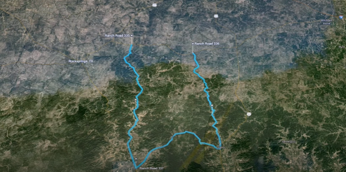 Map showing Ranch Roads 336 and 337 in a rural area near Rocksprings, Texas, with surrounding terrain and roads.