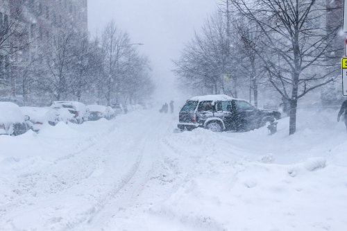 A snowy street with cars buried in snow and people walking through a blizzard, surrounded by trees and buildings.