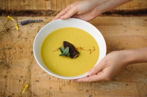 A person holds a bowl of creamy yellow soup garnished with a mushroom and herbs, set on a rustic wooden table.