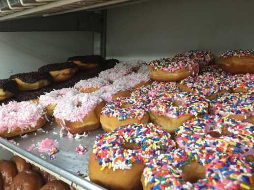 A display of colorful donuts with sprinkles, pink frosting, and chocolate icing on a shelf.