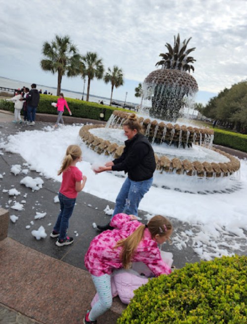 A woman and children play in foam near a fountain surrounded by palm trees on a cloudy day.
