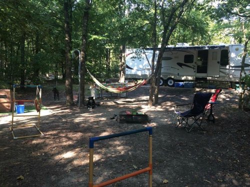 A campsite with a hammock, chairs, and a trailer surrounded by trees in a wooded area.