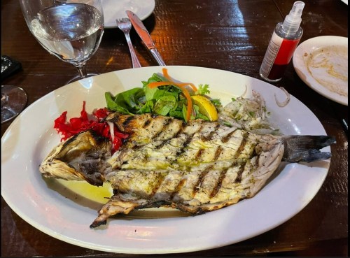 Grilled fish served on a white plate with fresh salad, orange slices, and a side of sauce.