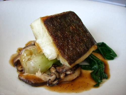 A beautifully plated dish featuring a piece of seared fish atop sautéed greens and mushrooms in a savory sauce.