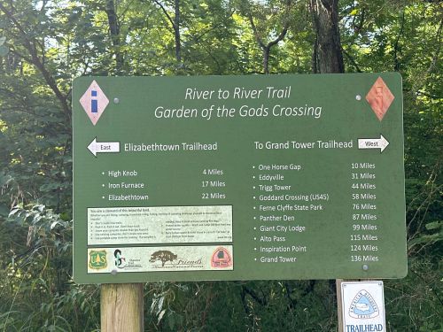 Signpost for the River to River Trail, showing distances to various trailheads and landmarks in the area.