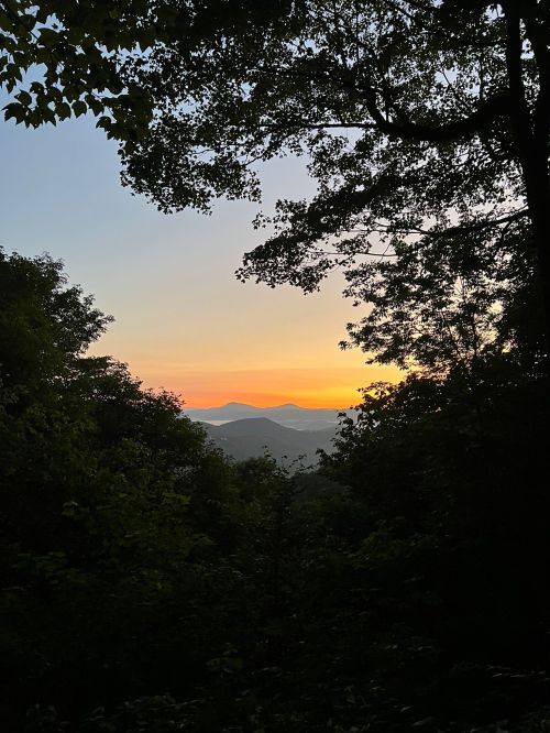 A serene sunset view framed by trees, with mountains silhouetted against a colorful sky.