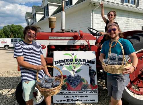 Three people stand in front of a red tractor, holding baskets of blueberries, with a sign for DiMeo Farms in the background.