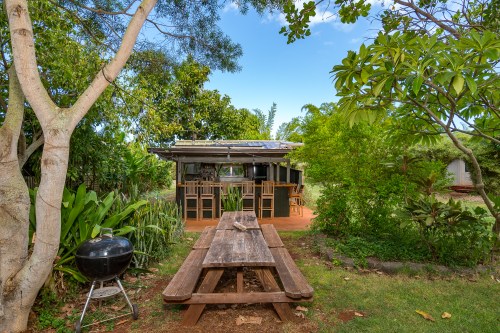 A backyard scene featuring a picnic table, grill, and a garden with lush greenery and a small building in the background.