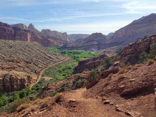 A scenic view of a canyon landscape with rocky cliffs, a winding path, and lush greenery in the valley below.