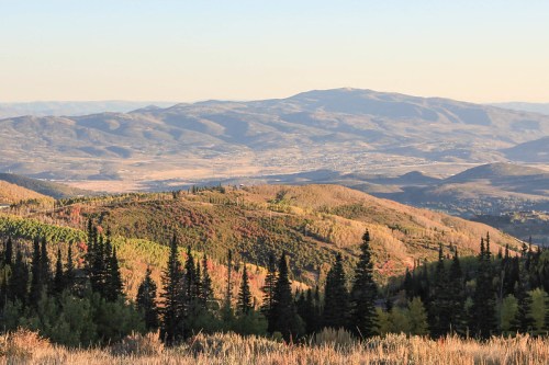 A scenic view of rolling mountains and valleys, with trees in autumn colors under a clear sky.