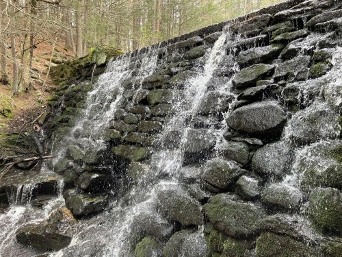 A cascading waterfall flows over a moss-covered stone wall in a lush forest setting.