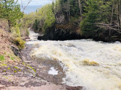 A rushing river flows through a rocky landscape, surrounded by lush green trees and a clear sky in the background.