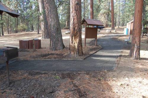 A paved path through a wooded area, with picnic tables and a restroom in the background.