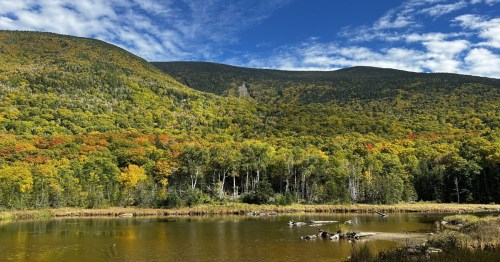 A serene landscape featuring a calm pond surrounded by vibrant autumn foliage and mountains under a blue sky.