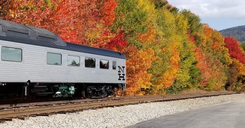 A train car beside a vibrant autumn landscape with colorful trees in shades of red, orange, and yellow.