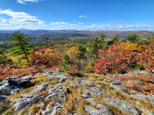 A scenic view of colorful autumn foliage and rocky terrain under a clear blue sky.