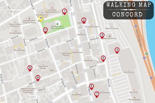 Map of Concord with numbered walking routes and landmarks, including parks, buildings, and streets.