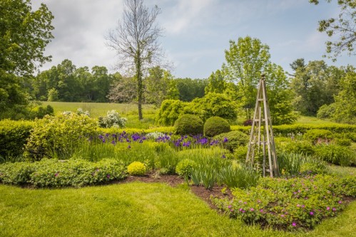 A lush garden with colorful flowers, greenery, and a wooden trellis under a clear sky.