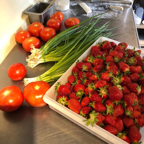 Fresh tomatoes, green onions, and a container of strawberries on a stainless steel countertop.