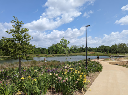 A scenic park with a path, blooming flowers, and a calm lake under a partly cloudy sky.