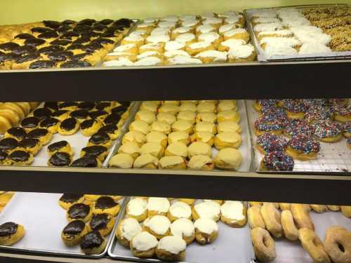 A display of assorted donuts, including frosted, glazed, and sprinkled varieties, arranged on trays.