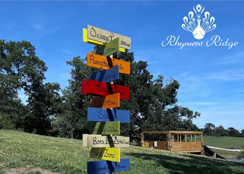 Colorful directional signpost with distances to various locations, set against a clear blue sky and green landscape.