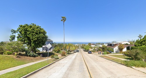 A sunny street lined with houses and palm trees, leading to a view of the ocean in the distance.