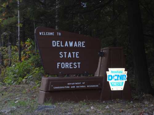 Sign welcoming visitors to Delaware State Forest, featuring the Pennsylvania Department of Conservation and Natural Resources logo.