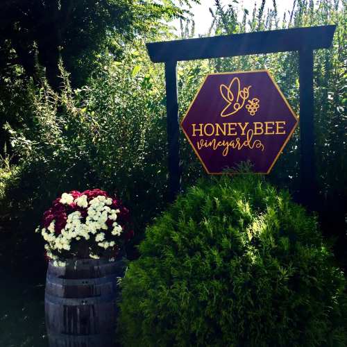 Sign for Honey Bee Vineyard surrounded by greenery and flowers, with a wooden barrel in the foreground.