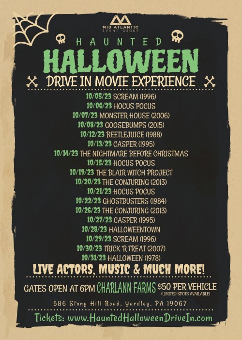 Poster for a Haunted Halloween Drive-In Movie Experience with movie titles, dates, and event details.