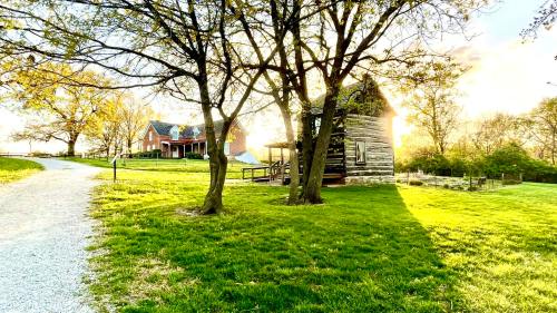 A scenic view of a grassy area with two trees, a rustic building, and a house in the background, illuminated by sunlight.