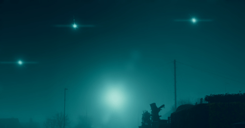 A foggy night scene with glowing orbs in the sky and a silhouette of a figure against a dimly lit background.