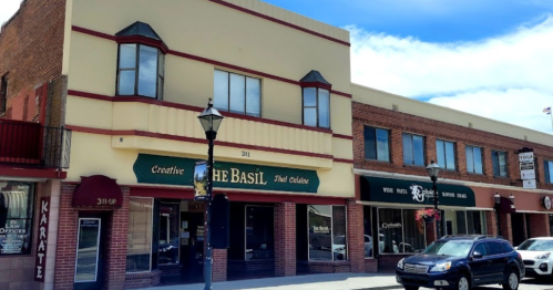 A street view of a two-story building featuring "The Basil" Thai Cuisine and other shops, with cars parked outside.