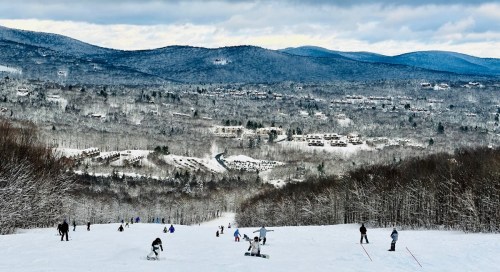A snowy mountain landscape with skiers and snowboarders on a slope, surrounded by trees and distant hills.