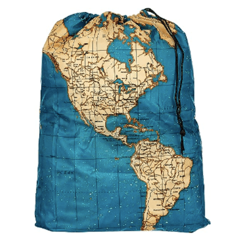 A drawstring backpack featuring a map of North and South America on a blue background.