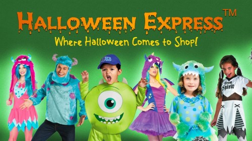 A group of children and adults in colorful Halloween costumes, with the text "Halloween Express: Where Halloween Comes to Shop!"