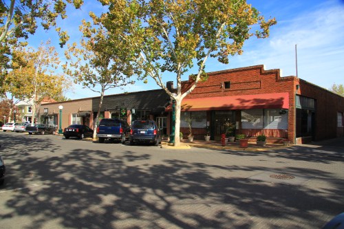 A sunny street scene featuring brick storefronts, parked cars, and trees casting shadows on the pavement.