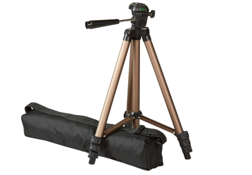 A tripod with a black carrying case, featuring adjustable legs and a pan-tilt head for photography.