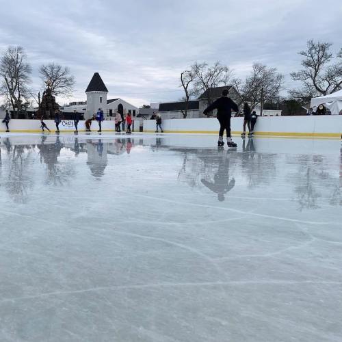 A public ice skating rink with people skating, surrounded by trees and buildings under a cloudy sky.