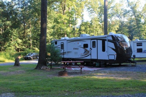 A parked RV in a wooded campsite, surrounded by trees and a grassy area, with a picnic table nearby.